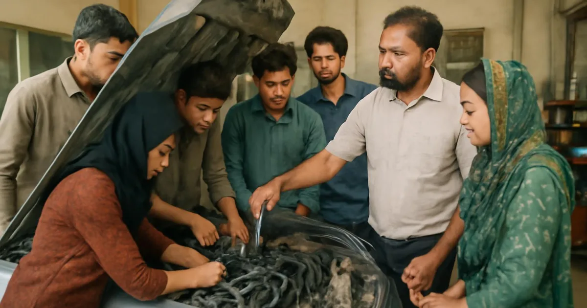 Students learning automotive skills in a practical workshop setting.