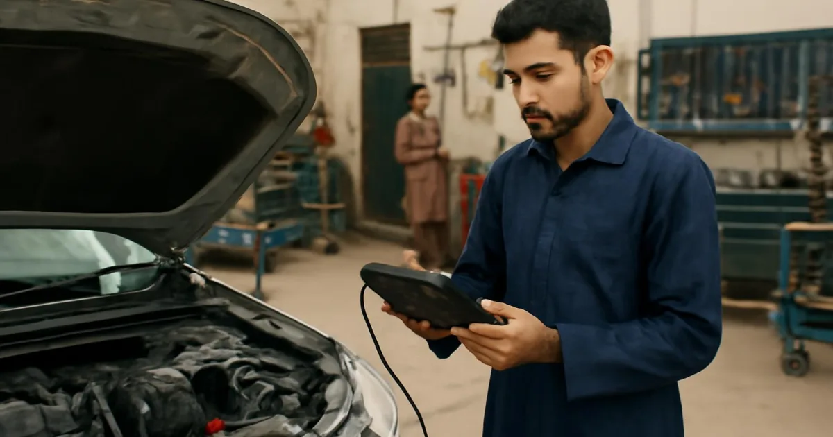 Technician using a diagnostic scanner in a garage for vehicle diagnostics.