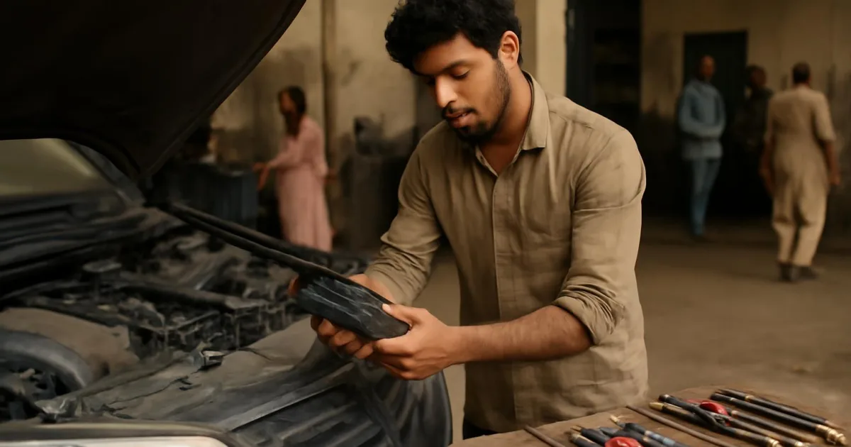 Technician diagnosing a car using an OBD-II scanner in a workshop.
