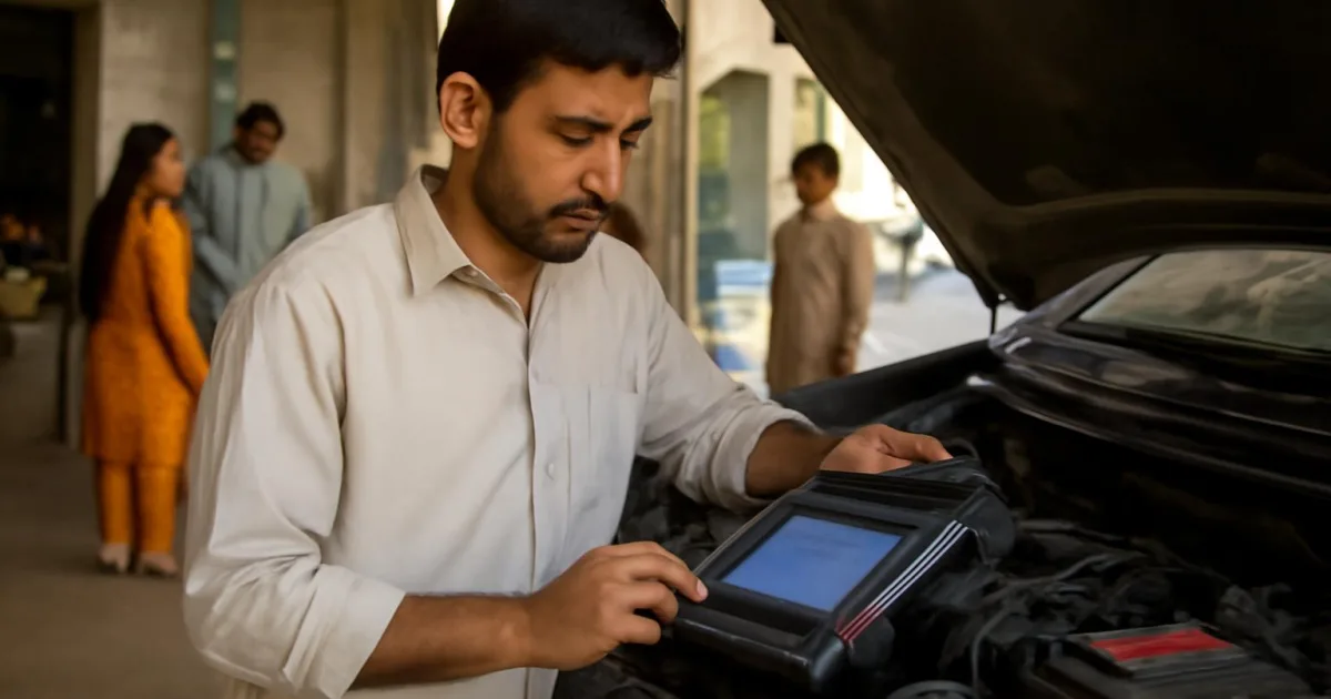 کار میں ڈائیگنوسٹک ٹول کا استعمال کرتے ہوئے ایک ٹیکنیشن