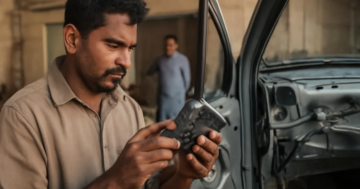Technician examining automotive door locking system circuits for troubleshooting.