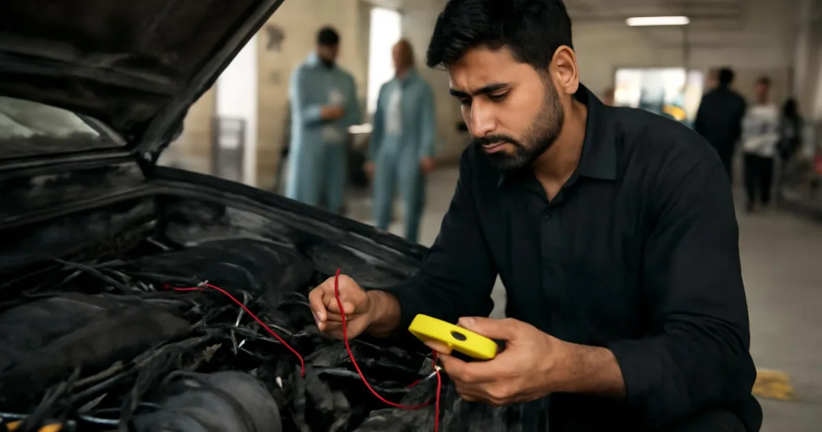 Technician checking automotive electrical circuits and wiring in a garage.