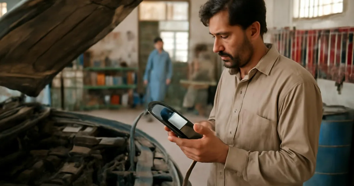 ایک ٹیکنیشن OBD-II scanner سے گاڑی کے انجن کے live data کا تجزیہ کر رہا ہے۔