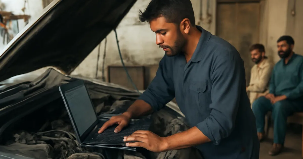 Technician analyzing automotive engine live data in a garage.