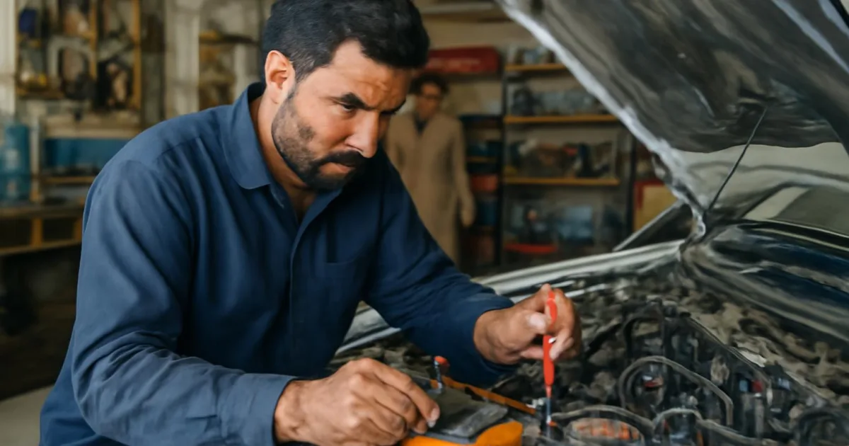 ایک ٹیکنیشن کار کے برقی سسٹم کی جانچ کر رہا ہے، ملٹی میٹر کا استعمال کرتے ہوئے۔