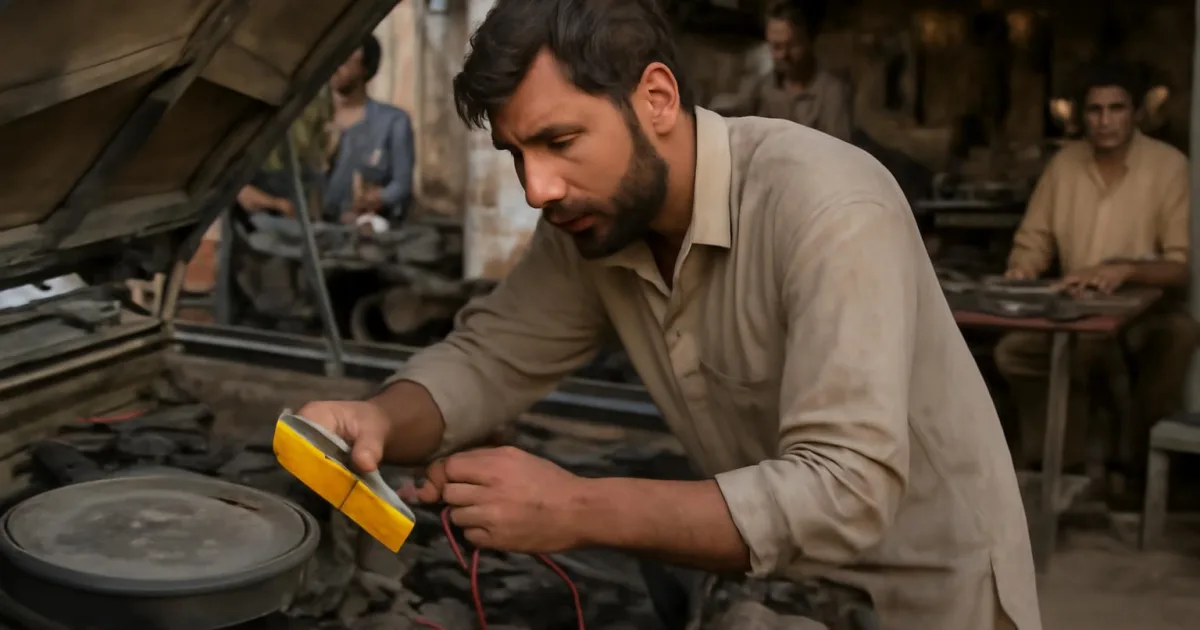 مکینک ملٹی میٹر کا استعمال کرتے ہوئے گاڑی کے الیکٹریکل سسٹم کا ٹیسٹ کر رہا ہے.
