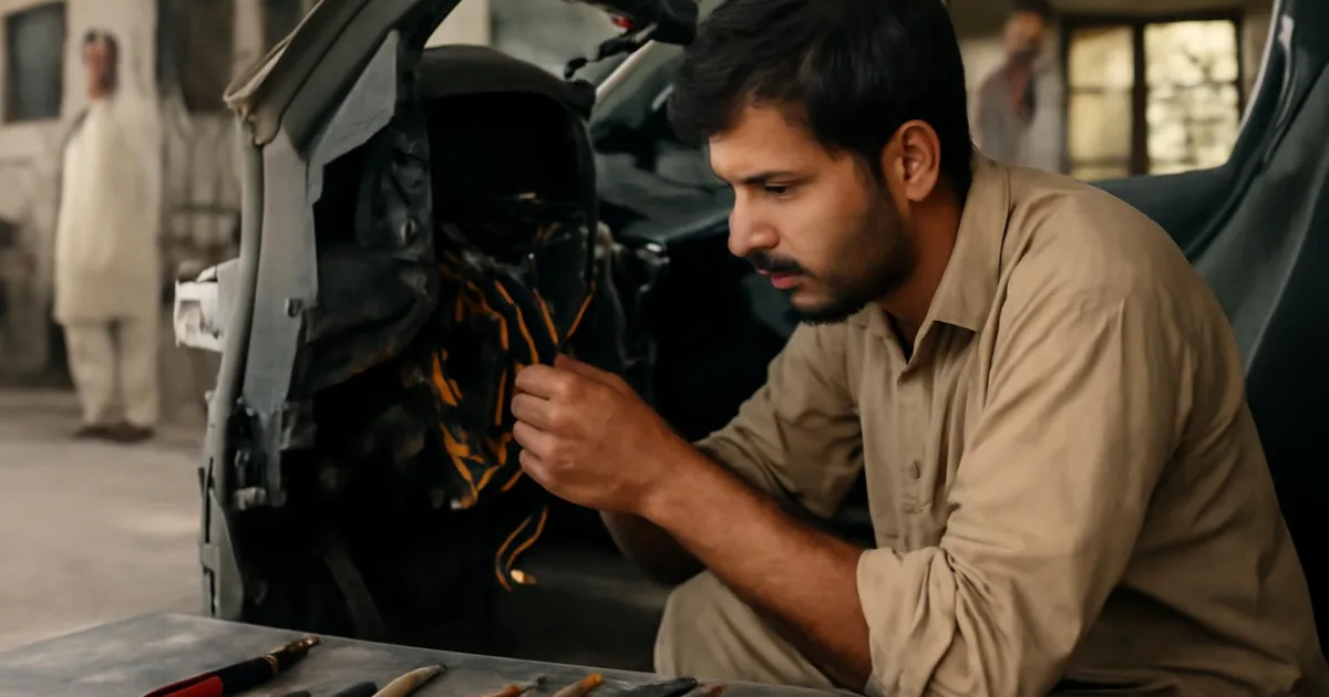 Technician checking automotive wiring while diagnosing network issues.