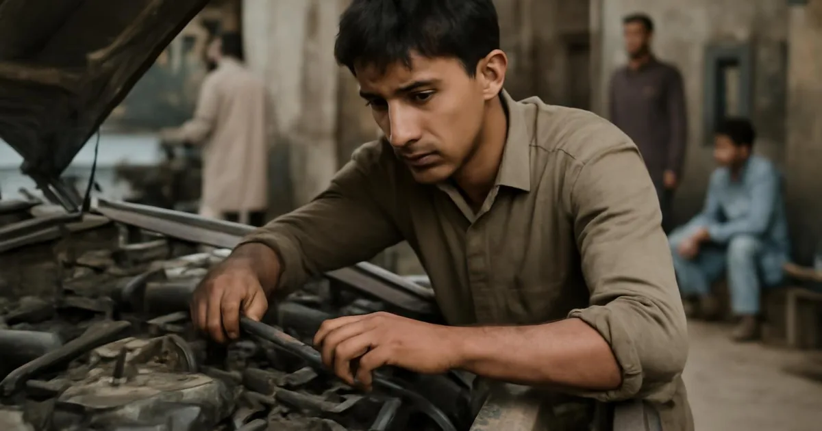 ایک ابتدائی مکینک کار کے انجن پر کام کر رہا ہے، بنیادی اوزار استعمال کرتے ہوئے۔