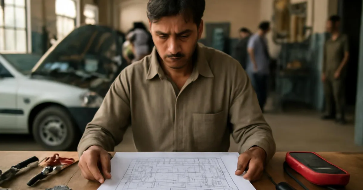 ایک ٹیکنیشن وائرنگ ڈایاگرام کا معائنہ کر رہا ہے۔