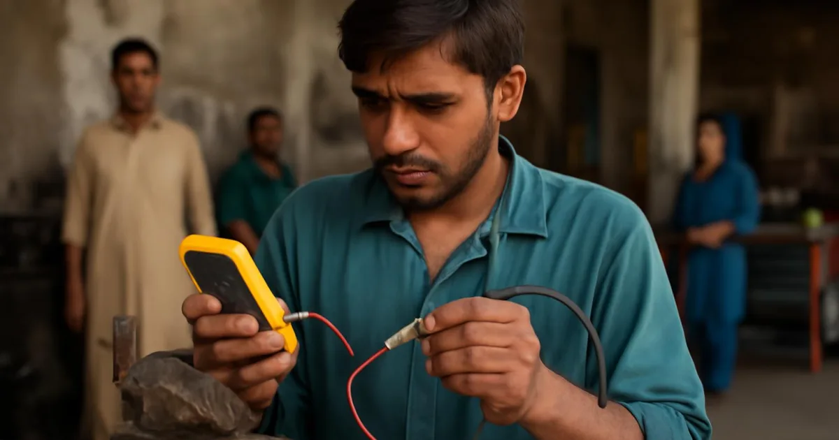 Technician testing an oxygen sensor with a multimeter in a workshop.