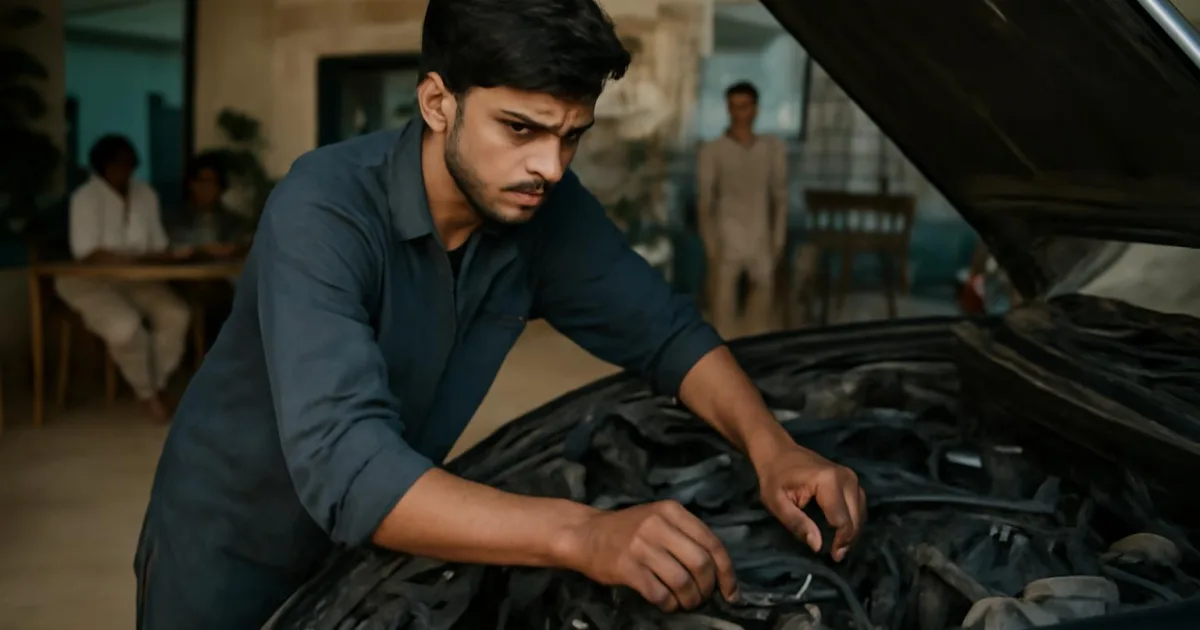 A technician diagnosing a car's engine in a garage.