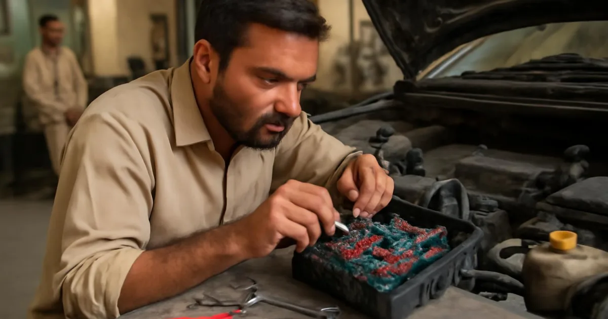 Car technician checking a blown fuse in the workshop.
