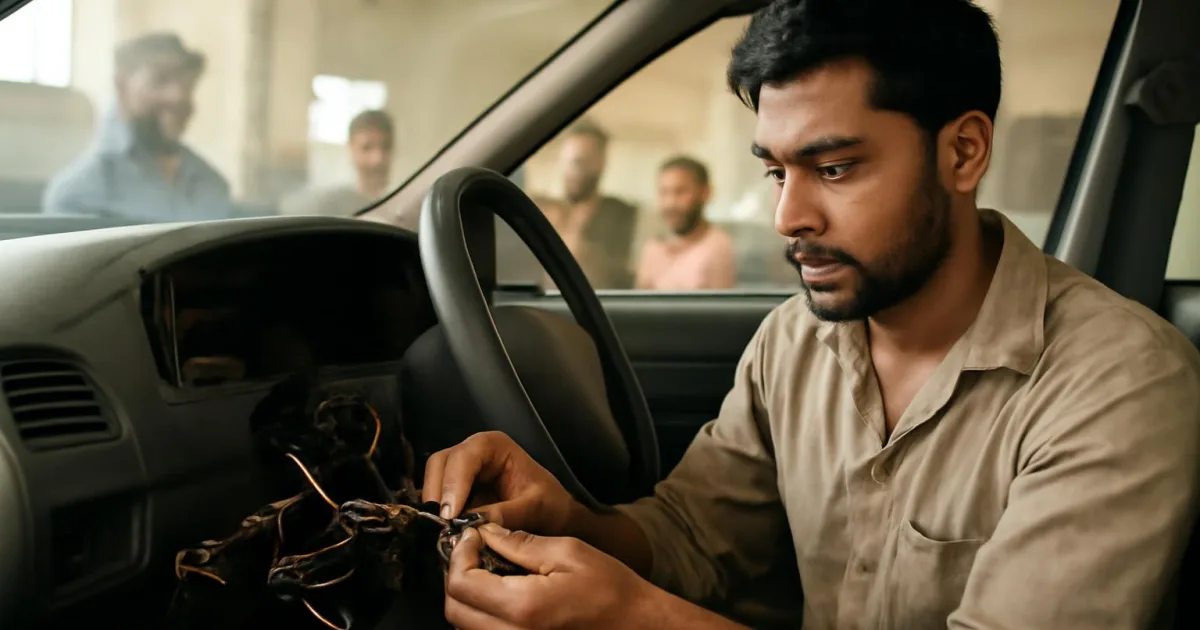 Technician examining CAN bus connections in a modern car's electrical system.