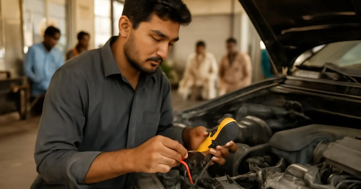 Technician diagnosing electrical problems in car AC system.