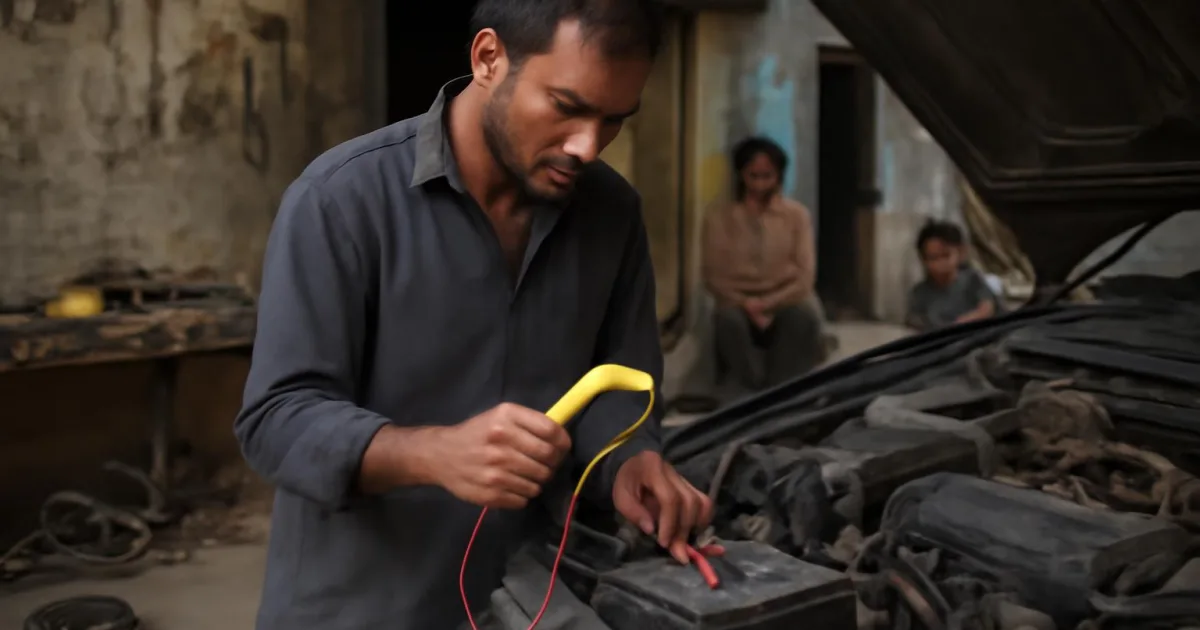 Mechanic testing a car battery with a multimeter in a workshop.