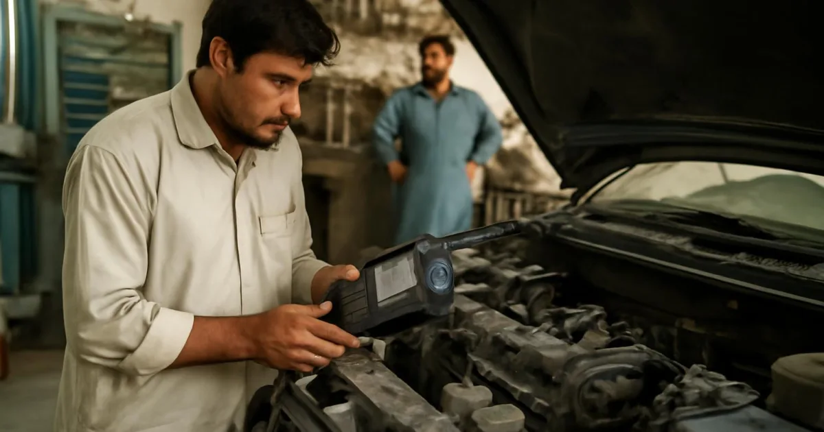 ایک ٹیکنیشن کار کے انجن کی تشخیص کے لیے OBD-II scantool استعمال کر رہا ہے۔