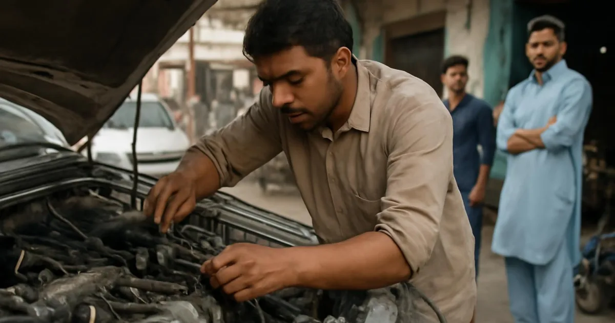 مکینک کار کے انجن کی جانچ کر رہا ہے، ایندھن کی فراہمی کے نظام پر توجہ دے رہا ہے۔