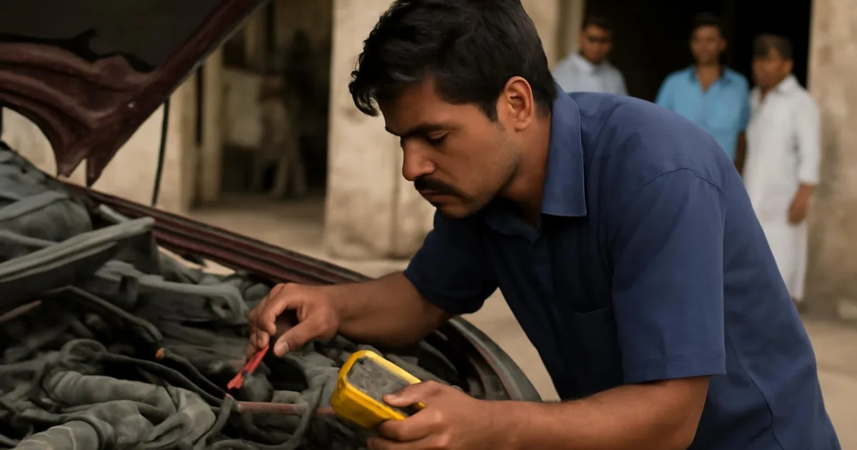 Mechanic testing car wiper motor connections during electrical diagnosis.