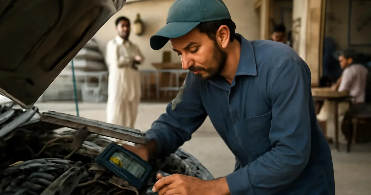 ایک ٹیکنیشن چیک انجن لائٹ کی جانچ کرتے ہوئے گاڑی کے انجن پر کام کر رہا ہے۔