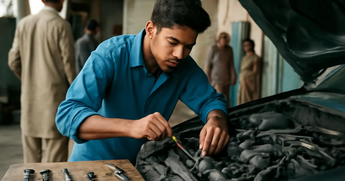 Young technician examining car engine, focusing on automotive beginner mistakes.