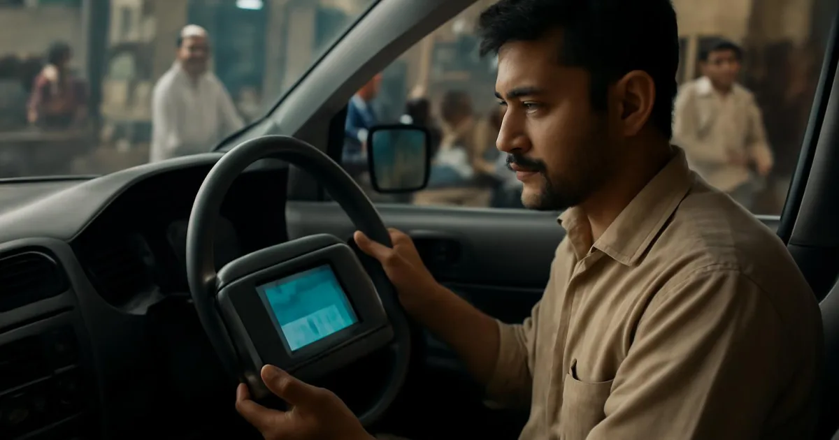 Mechanic diagnosing a vehicle using a scan tool in a workshop.