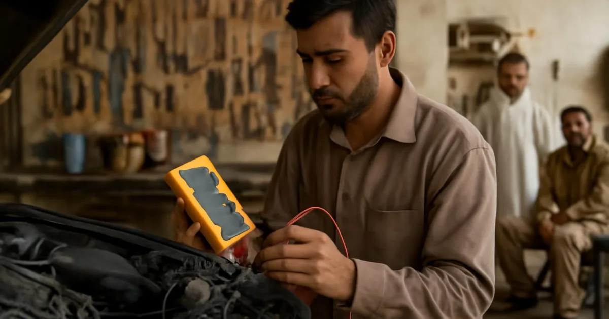 Technician performing continuity testing on automotive wiring with a multimeter.