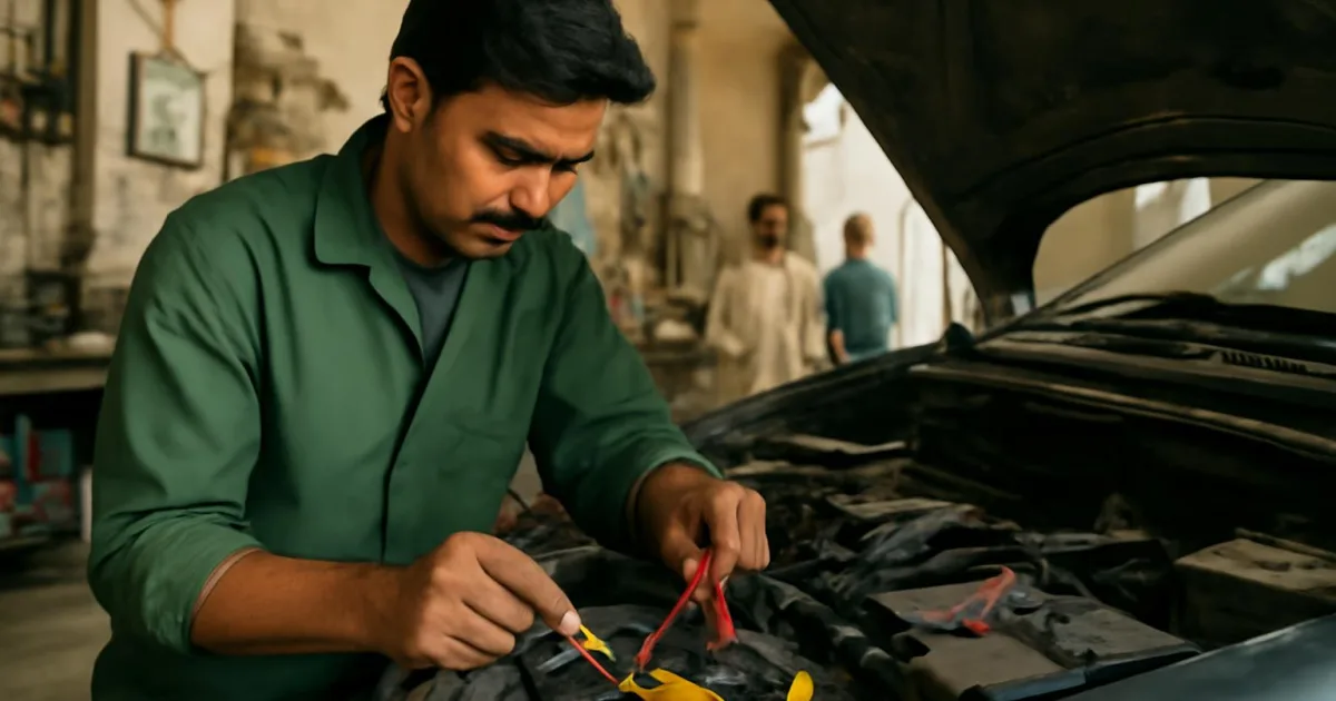 Technician diagnosing car electrical problems using a multimeter.