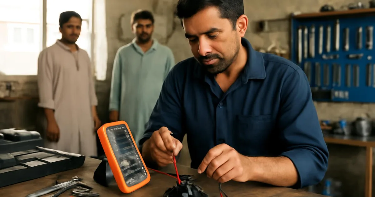 Technician testing throttle position sensor with multimeter in workshop.