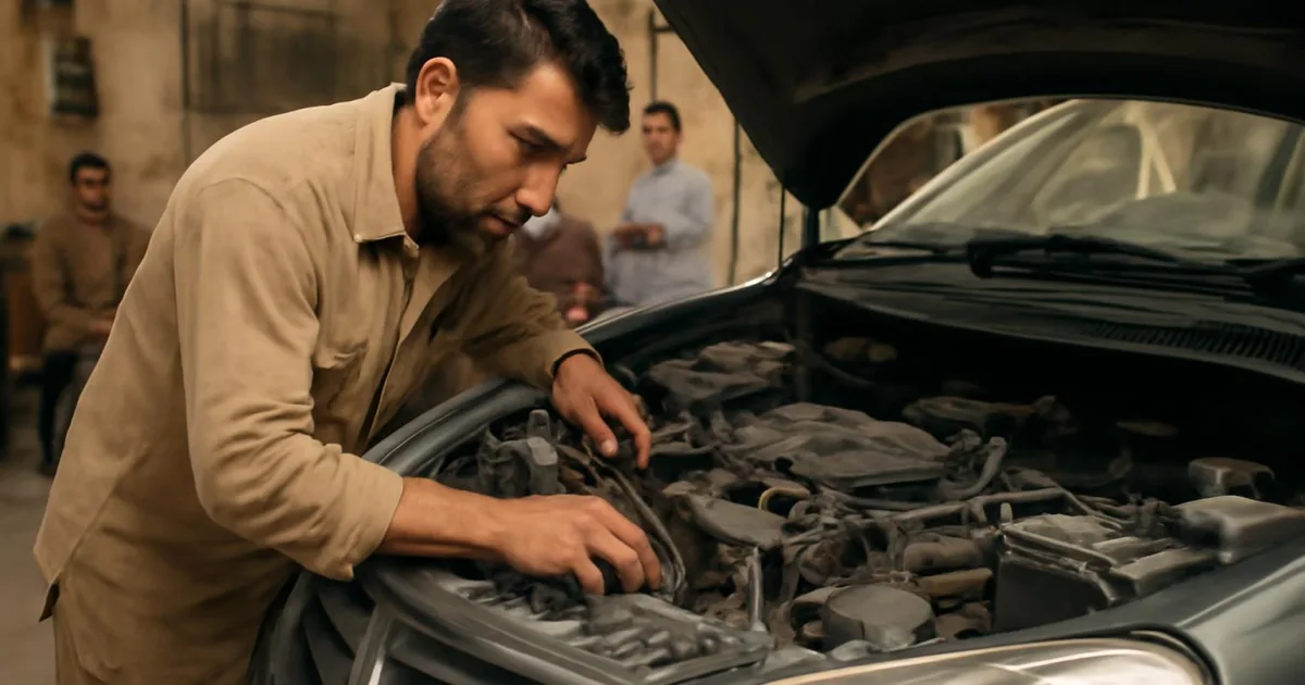 Suzuki car ka engine inspect karte huye technician, fuel consumption ke masail ka diagnosis kar raha hai.