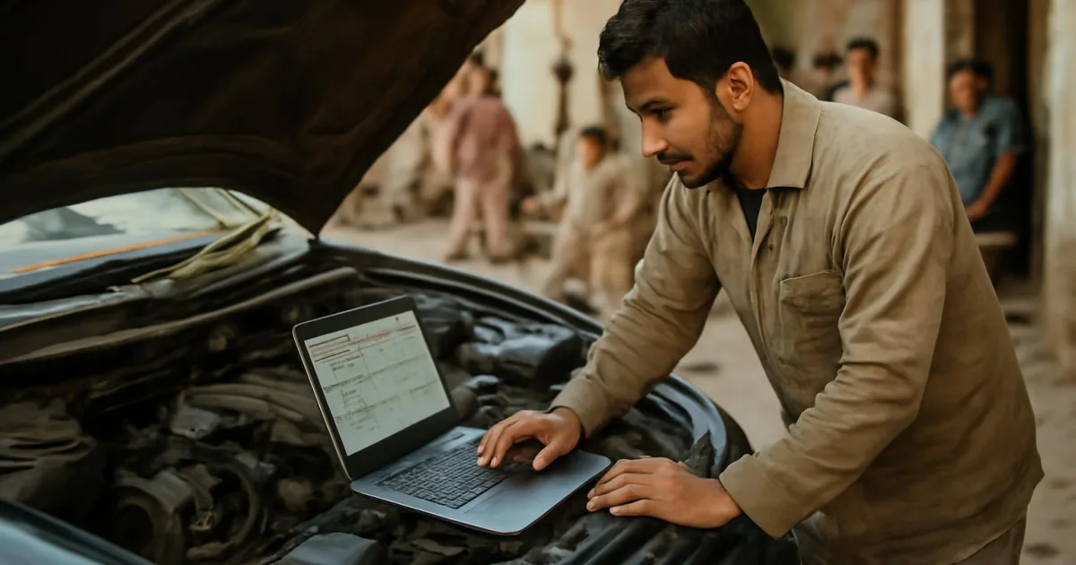 Technician diagnosing rough idle in a vehicle using live data from an OBD-II scanner.
