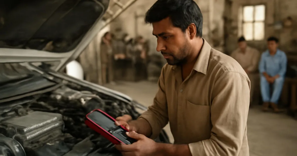 ایک ٹیکنیشن گاڑی کے ECU پر کام کر رہا ہے، تشخیصی ٹول استعمال کرتے ہوئے۔