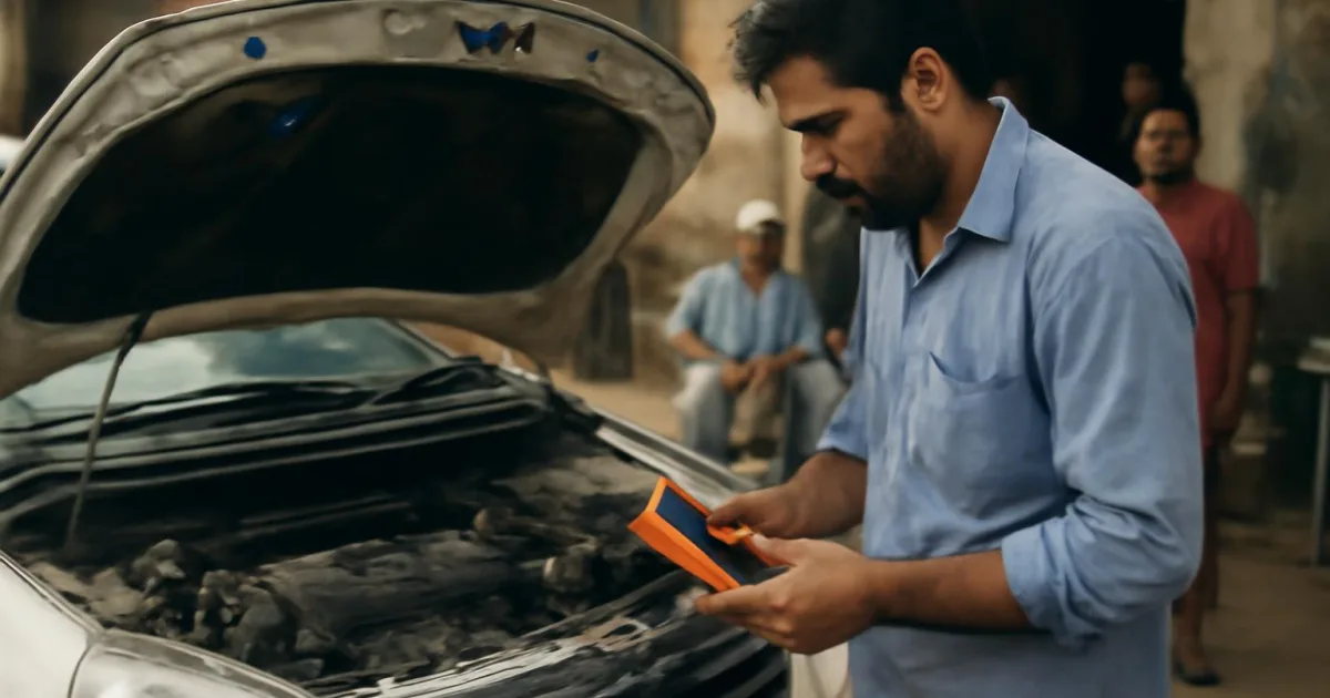 Technician diagnosing fuel mileage issues in Suzuki vehicle with tools.