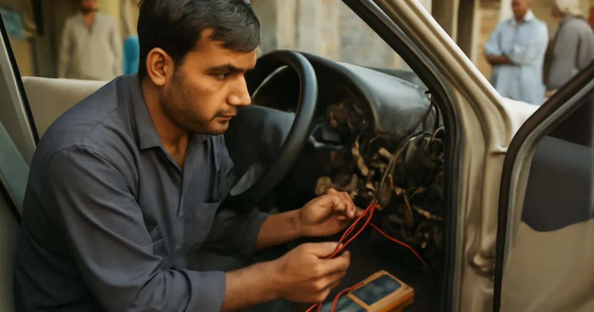 Mechanic checking car wiring with a multimeter for short circuits.