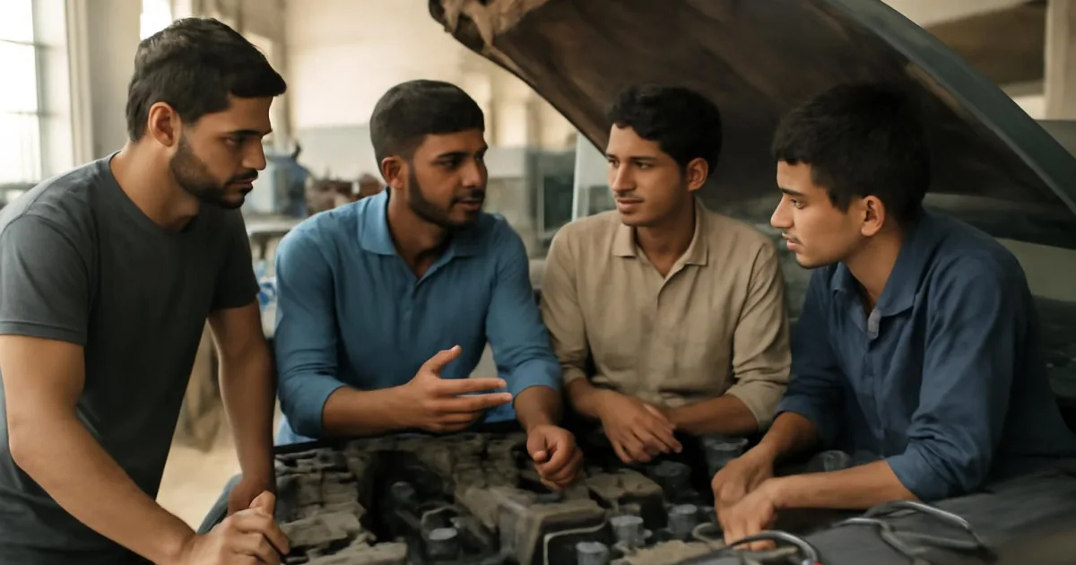 Technicians working on a vehicle in a garage, essential for an automotive career in Pakistan.