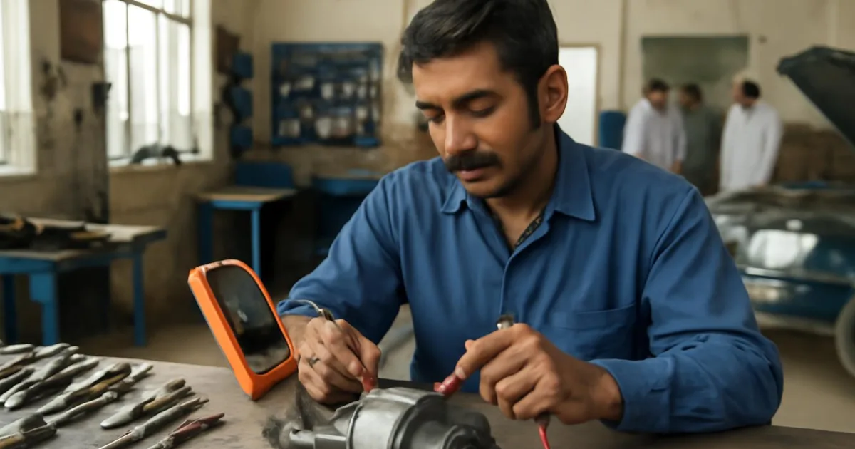 Technician testing a car starter motor with a multimeter in a garage.