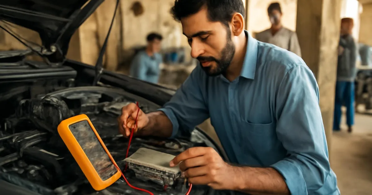 ایک ٹیکنیشن جدید گاڑی کے ECU کی جانچ کر رہا ہے، نیٹ ورک کمیونیکیشن کی اہمیت کو ظاہر کرتا ہے۔