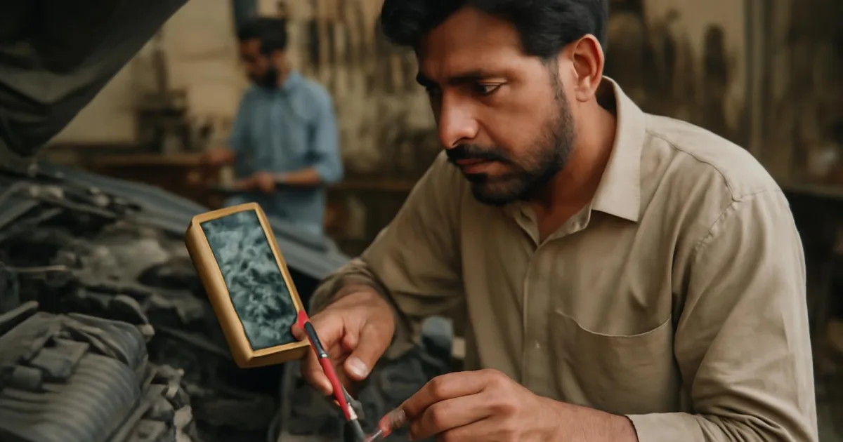 Technician checking oxygen sensor voltage with multimeter in workshop.