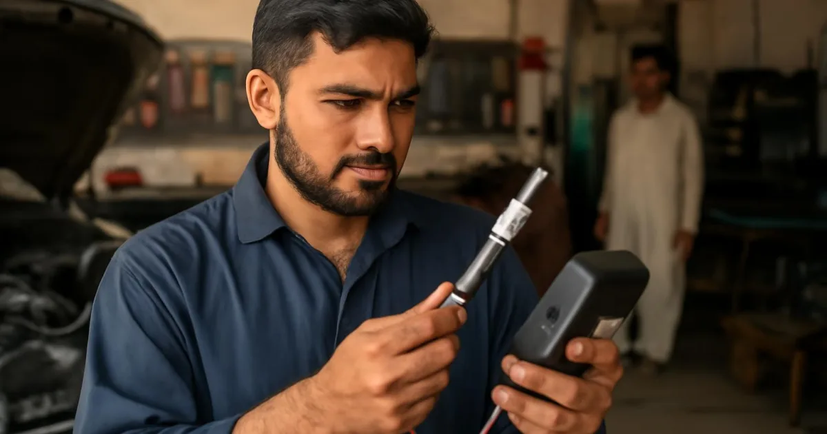 Mechanic checking an oxygen sensor for proper function in a workshop.