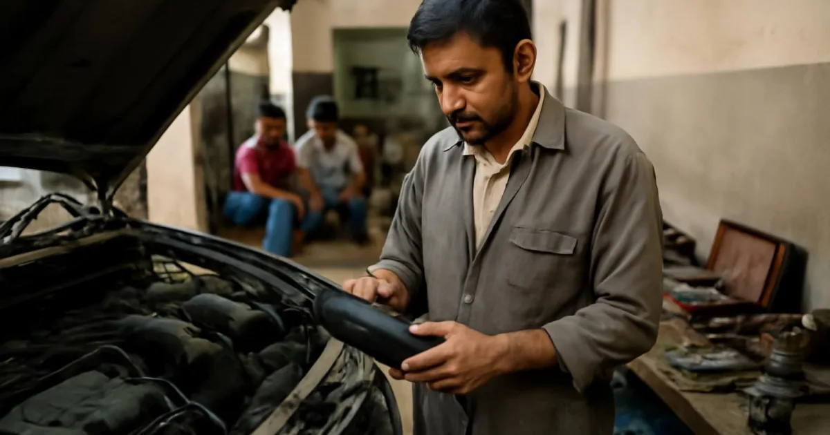 Technician diagnosing a vehicle's engine with a scan tool in a workshop.