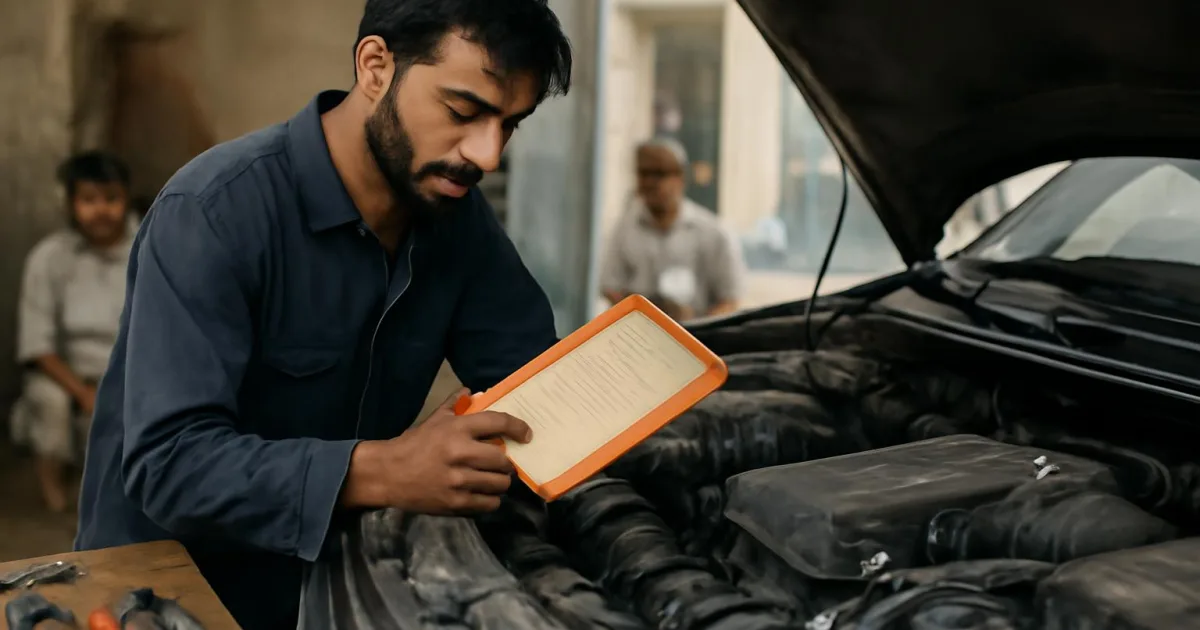 A mechanic checking the air filter of a car in a workshop.
