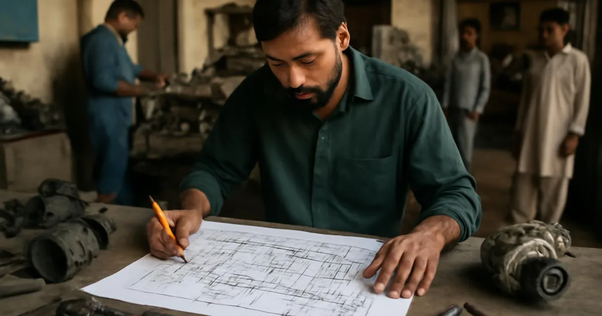 A technician analyzing an automotive wiring diagram in a workshop.