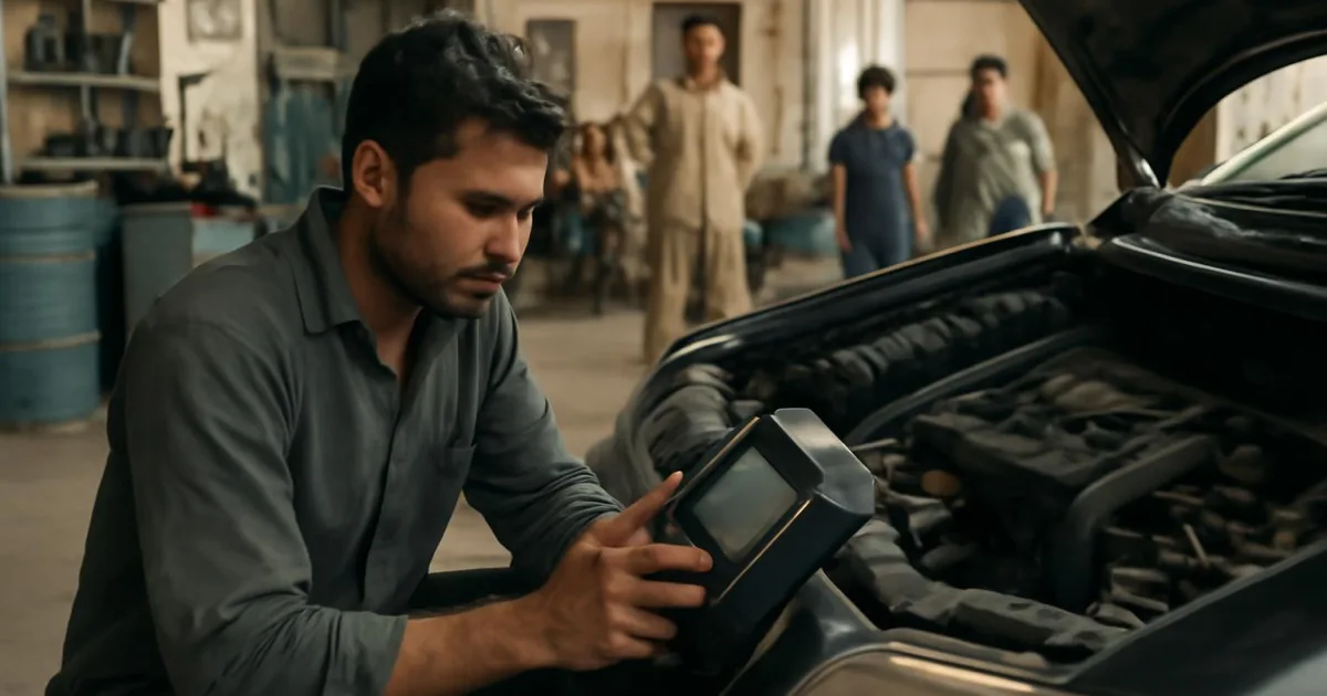 Technician analyzing automotive live data using a scantool in a garage.