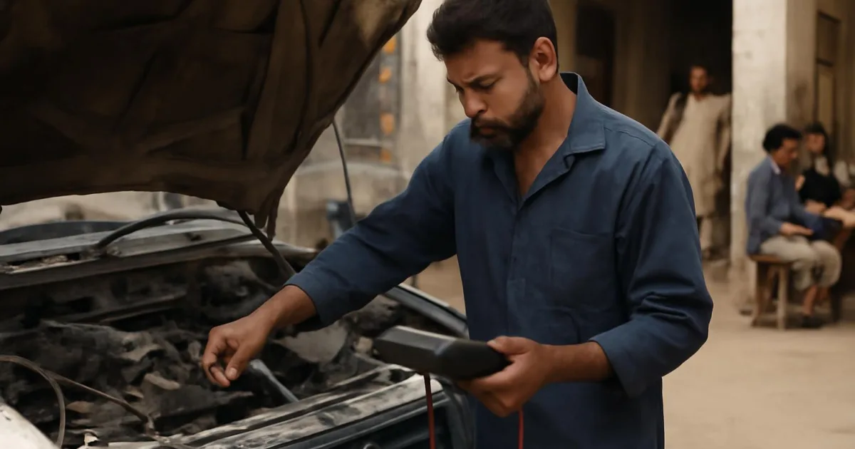 Mechanic diagnosing Suzuki fuel mileage problems in a workshop.