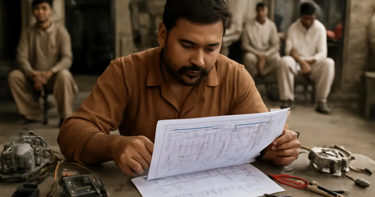 ایک تکنیشین آٹو موٹیو الیکٹریکل سرکٹ وائرنگ ڈایاگرام کا مطالعہ کر رہا ہے۔