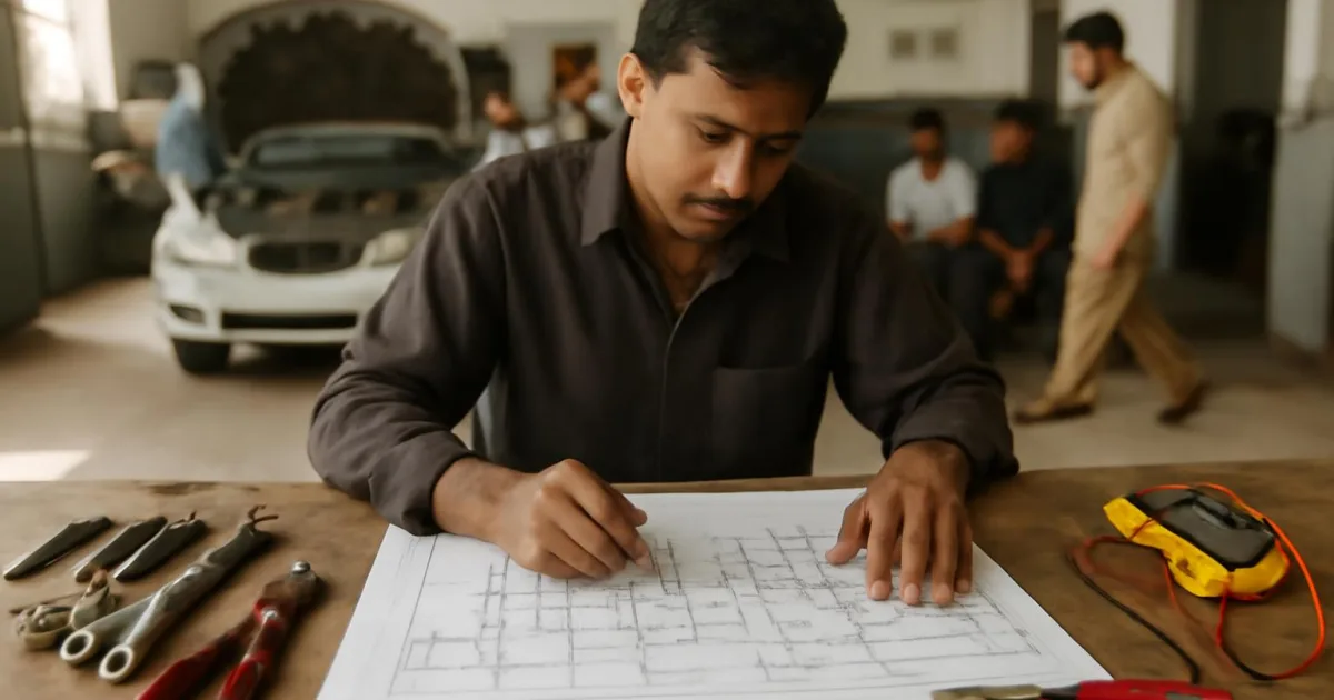 Technician analyzing automotive electrical circuit wiring diagrams.