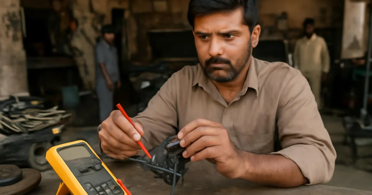 Technician testing an automotive relay with a multimeter in a workshop.