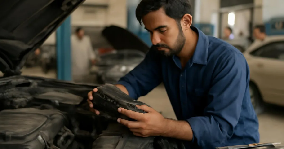 Technician inspecting car control modules in a garage.