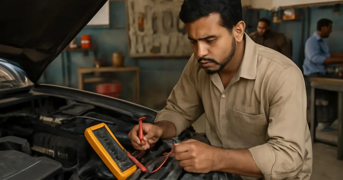ٹیکنیشن گاڑی کے برقی نظام پر voltage drop testing کر رہا ہے۔
