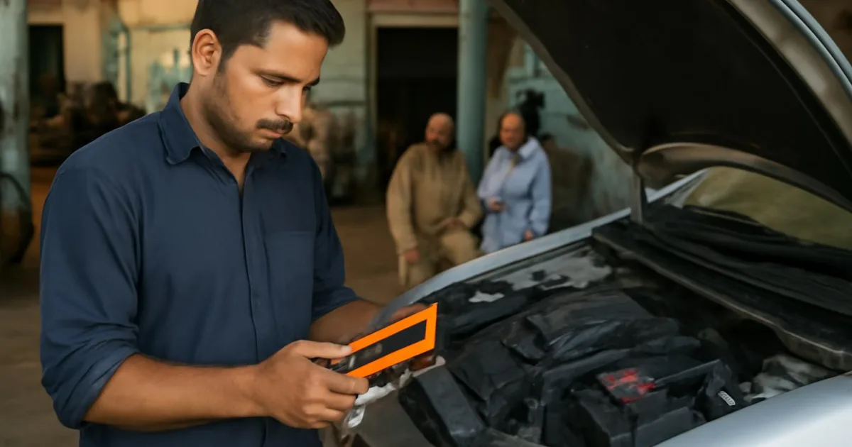 ایک مکینک OBD2 Scanner کے ذریعے گاڑی کی خرابی کے کوڈز چیک کر رہا ہے۔