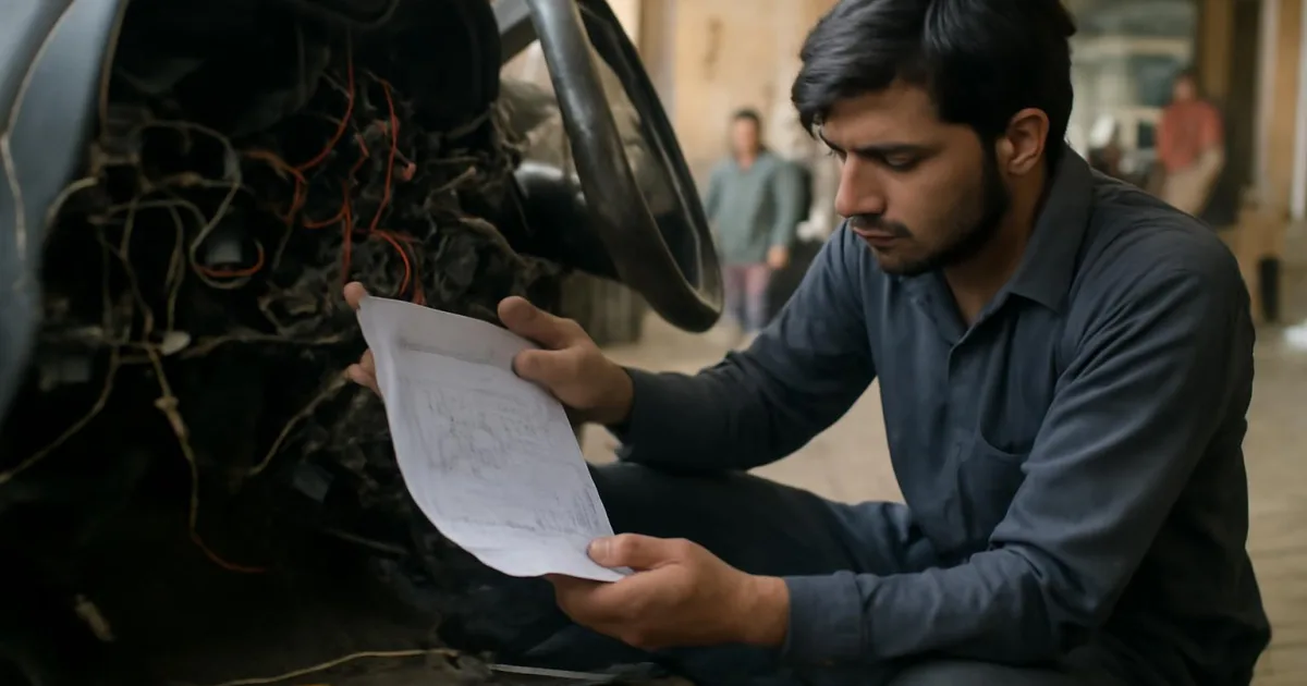 Technician studying automotive wiring topology in a workshop.